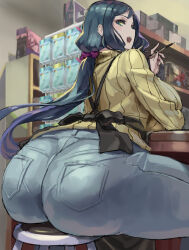 1girl ass blue_eyes blue_hair blush breasts denim from_behind gundam gundam_build_fighters huge_ass iori_rinko jeans kazo_(kazozakazo) large_breasts long_hair looking_at_viewer looking_back low_ponytail open_mouth pants sideboob sitting smile solo sweater very_long_hair wide_hips rating:Questionable score:83 user:armorcrystal