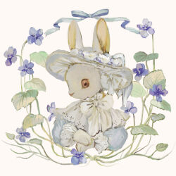  animal animal_focus blue_dress blue_flower blue_hat bow bowtie clothed_animal collar collared_dress cropped_torso dress ears_through_headwear flower frilled_collar frilled_hat frills hand_on_hand hat hat_bow hat_flower high_collar highres leaf long_sleeves no_humans original puffy_long_sleeves puffy_sleeves rabbit simple_background solo sun_hat tono_(rt0no) white_background white_bow white_bowtie white_flower 