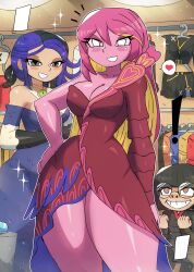 3girls absurdres aphrodite_(fortnite) black_coat black_eyes black_gloves black_hair blonde_hair blue_dress blue_hair blue_skin blush breasts brown_eyes ceiling ceiling_light cleavage coat collarbone colored_sclera colored_skin crossover disney dress dressing_room edna_mode epic_games fortnite glasses gloves grin hand_on_own_hip heart highres immortal_aphrodite_(fortnite) large_breasts long_hair long_sleeves looking_at_viewer medusa_(fortnite) multicolored_hair multiple_girls pink_hair pink_skin pixar red_dress short_hair single_sleeve smile snake_hair sparkle speech_bubble spoken_heart standing teeth the_incredibles thick_thighs thighs tony_welt two-tone_hair white_eyes yellow_sclera 