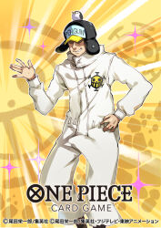  1boy commentary_request copyright_name feet_out_of_frame hand_on_own_hip hat hat_over_eyes highres jumpsuit looking_at_viewer male_focus matoki_misa motion_lines official_art one_piece one_piece_card_game penguin_(one_piece) smile solo sparkle waving white_jumpsuit yellow_background 