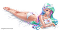  1girl animal_ear_hairband animal_ears ass bare_arms bare_legs barefoot bed_sheet bell blue_hair bra breasts butt_crack cat_cutout cat_ear_hairband cat_ears cat_lingerie celestia_(my_little_pony) cinderella_bust cleavage cleavage_cutout closed_mouth clothing_cutout collarbone fake_animal_ears frilled_bra frills full_body green_hair hair_bell hair_ornament hair_ribbon hairband large_breasts long_hair looking_at_viewer lying makeup mascara meme_attire multicolored_hair my_little_pony on_stomach panties paw_panties paw_print paw_print_pattern pink_eyes pink_hair pink_hairband pink_ribbon print_panties print_underwear racoon-kun ribbon shiny_skin side-tie_panties simple_background smile soles solo swept_bangs underwear underwear_only very_long_hair watermark web_address white_background white_bra white_panties 