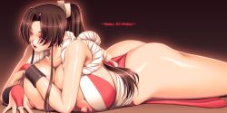 1girl areola_slip ass back blush bow breast_press breasts brown_hair candle cleavage collarbone curvy fatal_fury female_focus fingerless_gloves fire from_behind gigantic_breasts gloves hair_bow hair_ornament happy high_ponytail highres japanese_clothes kimono konekonewasabii large_areolae legs long_hair looking_at_viewer lying nipples nude on_stomach open_mouth panties ponytail puffy_nipples red_eyes shiranui_mai short_kimono smile snk solo the_king_of_fighters thong tongue underwear rating:Questionable score:28 user:echlight