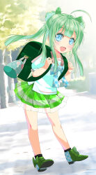  1girl :d ahoge backpack bag black_socks blue_eyes blush brown_sailor_collar cafe-chan_to_break_time character_request commentary_request day double_bun frilled_skirt frills green_footwear green_hair green_skirt hair_bun hands_up highres long_hair looking_at_viewer open_mouth outdoors pleated_skirt ponytail porurin puffy_short_sleeves puffy_sleeves randoseru sailor_collar shirt shoes short_sleeves sidelocks skirt smile socks solo tree very_long_hair white_shirt 