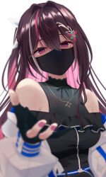  1girl amane_kanata amane_kanata_(cosplay) amane_kanata_(work) azki_(4th_costume)_(hololive) azki_(hololive) bare_shoulders belt black_dress black_gloves black_mask black_shirt blue_belt blurry breasts colored_inner_hair cosplay depth_of_field dress frilled_dress frills gloves hair_between_eyes hair_intakes hair_ornament hairclip head_tilt highres hololive jacket jewelry kiko_(okuwae) long_hair looking_at_viewer mask medium_breasts mole mole_under_eye mouth_mask multicolored_hair necklace off-shoulder_dress off_shoulder one_side_up outstretched_arm partially_fingerless_gloves pink_hair pink_nails purple_eyes reaching reaching_towards_viewer ribbed_shirt shaded_face shirt simple_background solo star_(symbol) star_necklace streaked_hair upper_body very_long_hair virtual_youtuber white_background white_hair white_jacket 