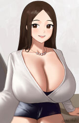 1girl black_skirt blush breasts brown_eyes brown_hair cleavage collarbone highres huge_breasts jewelry long_hair low_neckline necklace nhaliz open_mouth original pearl_necklace photo-referenced shirt skirt solo twitter_username white_shirt rating:Sensitive score:46 user:danbooru