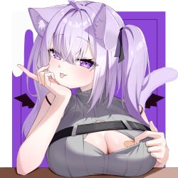  1girl :3 absurdres ahoge ai_(u_e_o_o) animal_ear_fluff animal_ears bandaid bandaids_on_nipples black_ribbon breasts cat_ears cat_girl cat_tail chest_harness cleavage_cutout clothing_cutout grey_shirt hair_ribbon harness highres hololive large_breasts medium_hair nekomata_okayu nekomata_okayu_(8th_costume) official_alternate_costume pasties purple_eyes purple_hair ribbon shirt sleeveless sleeveless_shirt smile solo tail tongue tongue_out two_side_up virtual_youtuber 