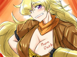 1girl absurdres ashcape blonde_hair blush body_writing breasts cleavage cleavage_reach fang fingerless_gloves gloves grin highres large_breasts long_hair looking_at_viewer purple_eyes rwby scarf smile solo yang_xiao_long rating:Sensitive score:28 user:danbooru