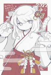 1girl 2022 animal_ears animal_hands awaya_yawako border chinese_zodiac closed_mouth commentary_request cowboy_shot dot_mouth dot_nose egasumi flower_knot grey_eyes hair_ornament hakama hakama_skirt hands_up happy_new_year highres japanese_clothes long_hair long_sleeves looking_at_viewer new_year no_sclera original outline outside_border pale_skin red_background red_hakama red_skirt shide signature skirt solo tail translation_request white_border white_hair white_outline year_of_the_tiger