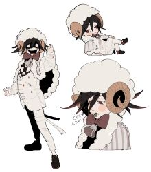  1boy :t arm_belt bell belt belt_buckle black_footwear black_hair black_scarf blush_stickers bow bowtie brown_eyes brown_hair buckle buttons cape checkered_clothes checkered_scarf chibi colored_tips commentary cropped_torso crossed_legs danganronpa_(series) danganronpa_v3:_killing_harmony denim double-breasted eating english_commentary evil_smile fluffy full_body fur-trimmed_cape fur_trim grey_cape hair_between_eyes hand_on_own_knee hat highres horns jacket jeans layered_sleeves long_sleeves lovepoints male_focus mouth_hold multicolored_buttons multicolored_hair multiple_belts multiple_views neck_bell oma_kokichi open_belt open_mouth outstretched_hand pants red_bow red_bowtie scarf shaded_face sheep_hat sheep_horns shoes short_hair simple_background sitting sleeves_past_wrists smile smirk socks stalk_in_mouth teeth thigh_belt thigh_strap torn_clothes torn_jeans torn_pants two-tone_scarf upper_teeth_only vertical-striped_cape white_background white_belt white_hat white_jacket white_pants white_scarf white_socks wide-eyed yellow_horns 