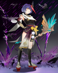  1girl absurdres arm_at_side arm_guards armpits artist_request bird black_gloves black_wings blue_hair bow_(weapon) breast_curtain breasts clenched_hands collarbone collared_shirt crow dark_blue_hair detached_sleeves disgust elbow_gloves electricity eyelashes feathered_wings female_focus flying full_body genshin_impact geta gloves grass hand_on_own_hip highres holding holding_bow_(weapon) holding_weapon huge_filesize japanese_clothes jewelry knee_socks kujou_sara legs looking_at_viewer looking_down mask mask_on_head medium_breasts medium_hair mihoyo multiple_wings neck necklace obi open_mouth outdoors rain sandals sash shirt shorts shorts_under_skirt sidelocks sleeveless sleeveless_shirt socks standing storm swept_bangs tabi tassel tengu tengu-geta tengu_mask thighs tight_clothes tight_shirt underboob v-shaped_eyebrows vision_(genshin_impact) weapon wide_sleeves wings yellow_eyes 