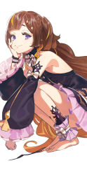  1girl anya_melfissa anya_melfissa_(1st_costume) barefoot black_dress blonde_hair brown_hair closed_mouth clothing_cutout dress feet hand_on_own_cheek hand_on_own_face highres hololive hololive_indonesia long_hair long_sleeves looking_at_viewer multicolored_hair pako_(pakosun) purple_eyes shoulder_cutout simple_background smile solo squatting streaked_hair virtual_youtuber white_background 