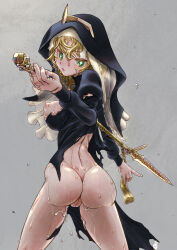  ass black_dress blonde_hair breasts cleft_of_venus closed_mouth cowboy_shot curly_hair dress green_eyes grey_background habit hair_between_eyes hip_dips holding holding_polearm holding_weapon long_sleeves looking_at_viewer looking_to_the_side medium_hair musen-shiki_sanhankikan nipples no_panties nun original ornate_weapon perky_breasts pointy_breasts polearm puffy_nipples pussy simple_background spear sweat symbol-shaped_pupils torn_clothes torn_dress twisted_torso uncensored veil weapon 