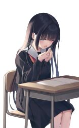  1girl :o black_hair black_serafuku black_shirt black_skirt blue_eyes blush book chair desk dot_nose feet_out_of_frame hand_to_own_mouth highres legs_together long_hair long_sleeves looking_at_viewer na-ga neckerchief notice_lines one_eye_closed open_book open_mouth original own_hands_together pleated_skirt red_neckerchief sailor_collar school_chair school_desk school_uniform serafuku shirt sidelocks simple_background sitting skirt solo straight_hair white_background white_sailor_collar yawning 