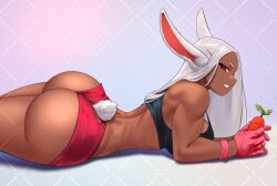  1girl animal_ears artist_name ass bare_shoulders black_sports_bra boku_no_hero_academia breasts carrot clothing_cutout commentary dark-skinned_female dark_skin english_commentary gabriel_carrasquillo gloves holding holding_carrot large_breasts long_eyelashes long_hair looking_at_viewer lying median_furrow mirko on_stomach parted_bangs pink_gloves pink_wristband rabbit_ears rabbit_girl rabbit_tail red_eyes red_shorts short_shorts shorts sideways_mouth solo sports_bra strap_gap tail tail_through_clothes thick_thighs thighs toned_female very_long_hair white_hair 
