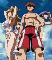 2boys 2girls abs armpits arms_behind_head bikini blonde_hair blue_eyes blue_hair breasts choujuushin_gravion cleavage hand_on_own_hip highres huge_breasts legs long_hair looking_at_viewer multiple_boys multiple_girls muscular muscular_male navel ponytail purple_hair red_hair shorts sideboob small_breasts smile stitched swimsuit tachibana_mizuki thighs third-party_edit
