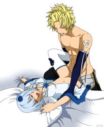  1boy 1girl bed blonde_hair breasts clothed_sex closed_eyes fairy_tail flower hair_flower hair_ornament hetero missionary moaning open_mouth sex short_hair sting_eucliffe vaginal white_hair yukino_aguria  rating:Explicit score:38 user:Cosby_