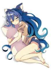  1girl absurdres antinomy_of_common_flowers blue_bow blue_hair blue_skirt blush bow dress grey_hoodie hair_bow highres hood hoodie long_hair looking_at_viewer open_mouth pillow seika_okawari skirt solo squeans touhou yorigami_shion 