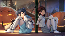  2girls animal arms_behind_back bdsm blouse blue_skirt bondage bound bound_arms bound_legs breasts brown_hair cat chain closed_mouth collar fire from_side grey_skirt hair_ornament haori_haruki highres himino_seika himitsu_(hi_mi_tsu_2) indoors jack-o&#039;-lantern knees_up leaning_forward long_hair long_sleeves looking_at_viewer looking_to_the_side multiple_girls no_shoes on_floor one_side_up original pantyhose pumpkin red_eyes restrained school_uniform serafuku shirt silhouette sitting skirt small_breasts smile stairs star_(symbol) star_hair_ornament tareme torch white_legwear white_shirt  rating:Sensitive score:143 user:danbooru
