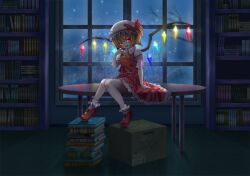  1girl ascot blonde_hair book bookshelf crystal_wings dress flandre_scarlet full_body hand_up hat hat_ribbon indoors kashi_kosugi looking_at_viewer mary_janes mob_cap night open_mouth red_dress red_eyes red_ribbon ribbon shoes sitting sitting_on_table smile solo table touhou yellow_ascot 