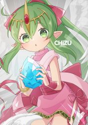  1girl 421ooouy :o absurdres artist_name dragonstone dress feathered_wings feathers fire_emblem fire_emblem:_mystery_of_the_emblem gem green_eyes green_hair hair_between_eyes hair_ribbon highres holding holding_gem long_hair looking_at_viewer nintendo open_mouth pink_dress pointy_ears ponytail ribbon sleeveless sleeveless_dress tiara tiki_(fire_emblem) tiki_(young)_(fire_emblem) wings 