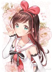  1girl bad_id bad_pixiv_id bare_shoulders black_bow blush bow breasts brown_hair closed_mouth commentary_request detached_sleeves flower gomzi green_eyes hair_ribbon hairband hand_up heart kizuna_ai kizuna_ai_inc. long_hair long_sleeves medium_breasts multicolored_hair navel pink_flower pink_hair pink_hairband pink_ribbon ribbon sailor_collar shirt sleeveless sleeveless_shirt sleeves_past_wrists smile solo streaked_hair striped striped_bow translation_request very_long_hair virtual_youtuber white_sailor_collar white_shirt  rating:Sensitive score:4 user:danbooru