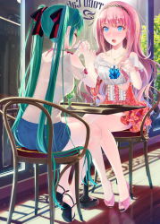 2girls :o artist_name bare_legs bare_shoulders blue_eyes blue_shorts blush bra chair dress earrings closed_eyes female_focus food green_hair hair_ribbon hairband holding_hands hatsune_miku highres ice_cream indoors jewelry legs long_hair looking_at_another megurine_luka multiple_girls neck necklace no_socks off-shoulder_dress off_shoulder okingjo open_mouth pink_hair ribbon round_teeth sandals see-through shadow shoes short_shorts shorts shy sitting spoon sundae table teeth toeless_footwear twintails underwear very_long_hair vocaloid window yuri rating:Sensitive score:53 user:danbooru