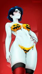1girl absurdres adventure_time artist_name blue_hair bodypaint breasts colored_skin commentary cowboy_shot fenixman12 from_below grey_skin hand_on_own_hip highres jack-o&#039;-lantern_print marceline_abadeer medium_breasts medium_hair naked_paint navel painted_clothes pointy_ears red_background red_eyes skindentation smile solo thighhighs rating:Questionable score:113 user:danbooru