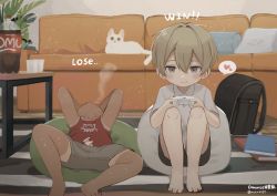  2boys absurdres bag bar_censor bare_legs barefoot black_hair blonde_hair book brown_eyes cat censored commentary_request controller couch cup dark-skinned_male dark_skin disposable_cup english_text erection futon game_controller grey_shorts hair_between_eyes happy heart highres holding indoors male_focus multiple_boys omurice_(roza4957) original penis pillow plant potted_plant red_shirt rug shirt shorts shota steaming_body sweat table tan yaoi  rating:Explicit score:251 user:danbooru