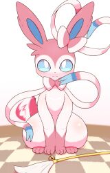  alacarte bell checkered_floor creatures_(company) game_freak gen_6_pokemon highres jingle_bell looking_at_viewer motion_blur nintendo no_humans pokemon pokemon_(creature) simple_background sitting solo sylveon tail tail_wagging white_background 