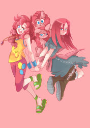 2girls apron balloon blue_eyes boots cross-laced_footwear dress dual_persona facial_mark frown jewelry lace-up_boots long_hair multiple_girls multiple_persona my_little_pony my_little_pony:_friendship_is_magic one_eye_closed open_mouth pendant personification pink_hair pinkie_pie ribbon sandals simple_background tank_top wink wong_ying_chee wristband rating:Sensitive score:6 user:danbooru