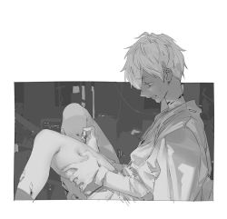  1boy ahoge arknights bishounen clenched_teeth cz474 greyscale holding_leg male_focus mephisto_(arknights) monochrome originium_(arknights) pain scared short_hair shorts simple_background sitting solo sweat teeth thighs upper_body 