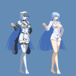  10s 1girl akame_ga_kill! aoi_ship barefoot blue_background blue_eyes blue_hair boots breasts cleavage colored_eyelashes esdeath feet female_focus hand_on_own_hip hat large_breasts long_hair lowres matching_hair/eyes military military_uniform multiple_views pajamas peaked_cap pixel_art simple_background standing thigh_boots thighhighs toes uniform very_long_hair white_footwear white_thighhighs zettai_ryouiki  rating:Sensitive score:56 user:danbooru