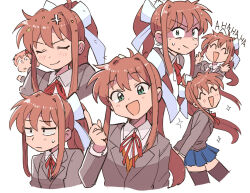  2girls anger_vein angry arms_behind_back blue_eyes bow bowtie brown_hair brown_jacket brown_thighhighs closed_eyes collared_shirt doki_doki_literature_club green_eyes hair_bow jacket laughing long_hair looking_at_viewer monika_(doki_doki_literature_club) multiple_girls nervous_sweating ponytail red_bow red_bowtie red_ribbon ribbon sayori_(doki_doki_literature_club) school_uniform shirt simple_background sweat sweatdrop thighhighs tsubobot undershirt uniform white_background white_bow 