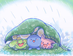  &gt;_&lt; :3 blush_stickers bright_pupils closed_eyes creatures_(company) dated evolutionary_line game_freak gen_2_pokemon happy hoppip jumpluff leaf_umbrella nintendo no_humans on_grass open_mouth outdoors pokemon pokemon_(creature) rain red_eyes shuri_(syurigame) signature skiploom water_drop white_pupils 
