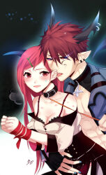  1boy 1girl abs aura biting black_bra black_horns black_sclera black_skirt blush bra breasts cleavage colored_sclera commentary_request crop_top demon_boy ear_biting earrings eye_trail grey_shirt hair_between_eyes hair_ornament hairclip hetero highres holding holding_leash horn_earrings horns jewelry lanmei_jiang leash light_trail long_bangs long_hair looking_at_another looking_to_the_side medium_bangs medium_breasts ming_wei_aiqing_de_chibang multiple_earrings off_shoulder open_clothes open_mouth open_shirt panties pink_hair pointy_ears red_eyes red_hair red_panties shirt short_hair skirt swept_bangs torn_clothes torn_skirt underwear upper_body white_shirt 