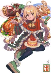  1girl :t absurdres ahoge artist_name bangs bell black_pantyhose blonde_hair braid brown_eyes cake cheek_bulge christmas christmas_cake closed_mouth commentary cookie dress english_text food food_focus food_on_face frilled_dress frilled_footwear frills gingerbread_man green_dress green_footwear green_headwear hat_ornament highres holding holding_food ka_4maki long_hair looking_at_viewer low_twin_braids low_twintails meal medium_dress merry_christmas neck_bell original pantyhose platform_footwear red_dress shoes signature sitting solo star_(symbol) star_hat_ornament strawberry_shortcake sweater sweater_dress tilted_headwear translated turkey_(food) twin_braids twintails two-tone_dress very_long_hair white_background yokozuwari yule_log 