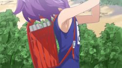  1girl :&gt;= animated animated_gif backpack bag blush closed_eyes cucumber food loli mana-chan_(namiuchigiwa_no_muromi-san) namiuchigiwa_no_muromi-san outdoors purple_hair randoseru school_swimsuit sexually_suggestive short_hair solo standing swimsuit vegetable  rating:Questionable score:201 user:leetshoe