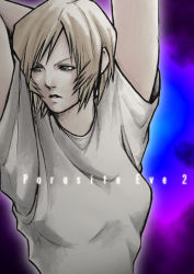  1girl arms_up aya_brea blonde_hair brown_eyes female_focus gradient_background parasite_eve parasite_eve_ii perfect_command shirt short_hair solo white_shirt 