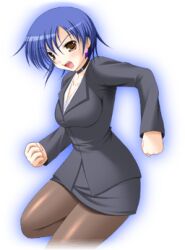  1girl banshiryuu black_choker black_suit black_vest blue_hair breasts brown_eyes brown_pantyhose business_suit choker earrings formal game_cg jewelry long_sleeves lowres medium_breasts milia_(seihou) non-web_source open_mouth pantyhose seihou shirt short_hair skirt suit third-party_source transparent_background vest white_shirt 