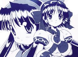 2girls ainu_clothes breasts fingerless_gloves gloves hair_ribbon hand_on_own_chest highres hisashi_kadota long_hair looking_at_viewer monochrome multiple_girls nakoruru parted_lips ribbon samurai_spirits short_hair siblings sisters small_breasts snk traditional_media