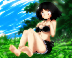 1girl barefoot black_hair blush breasts cleavage feet hands_on_own_chest nature original outdoors rokuroubuna sarong short_hair sitting sky soles solo swimsuit toes  rating:Sensitive score:9 user:JohnOmaha