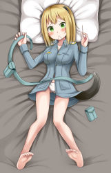 1girl animal_ears bad_id bad_pixiv_id barefoot bed belt blonde_hair blush elma_leivonen feet green_eyes highres jacket legs lying mouth_hold needle on_back panties pillow rosettastone short_hair soles solo strike_witches tail toes underwear world_witches_series rating:Questionable score:24 user:danbooru