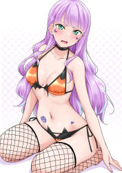  1girl bangs bare_shoulders bikini black_choker blunt_bangs blush breasts choker collarbone commentary_request dot_nose embarrassed fishnet_thighhighs fishnets full_body green_eyes halloween highres long_hair looking_at_viewer love_live! love_live!_superstar!! medium_breasts nail_polish navel open_mouth orange_bikini polka_dot polka_dot_background purple_hair purple_nails sitting solo stomach stomach_tattoo swimsuit tattoo thighhighs thighs v-shaped_eyebrows very_long_hair wavy_hair wien_margarete yopparai_oni 