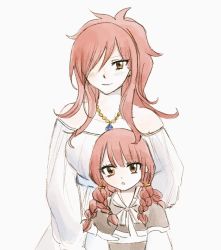  2girls bare_shoulders erza_knightwalker fairy_tail hair_over_one_eye irene_belserion jewelry long_hair looking_at_viewer mother_and_daughter multiple_girls necklace quad_braids red_hair reincarnation 