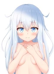 1girl bad_id bad_pixiv_id blue_eyes blush breast_hold breasts closed_mouth hair_between_eyes hibiki_(kancolle) highres kantai_collection loli long_hair looking_at_viewer marumaru_batsu nude silver_hair simple_background small_breasts solo upper_body white_background zenra rating:Questionable score:17 user:danbooru