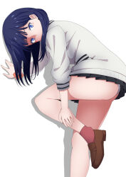  1girl arm_support ass black_hair black_skirt blue_eyes brown_footwear commentary_request covered_mouth drop_shadow eyelashes foot_out_of_frame from_side gridman_universe hair_behind_ear hand_on_own_leg hand_up knee_up koganei leaning_forward loafers long_hair long_sleeves looking_at_viewer miniskirt orange_scrunchie panties panty_peek partial_commentary pleated_skirt school_uniform scrunchie shoes skirt solo ssss.gridman standing standing_on_one_leg straight_hair sweater takarada_rikka thighs tsurime underwear white_panties white_sweater wrist_scrunchie 