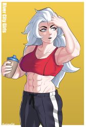  1girl abs absurdres bare_shoulders black_pants border breasts cup grey_eyes highres holding holding_cup kunio-kun kunio-kun_series kurimug6 large_breasts long_hair marian_kelly medium_breasts midriff muscular muscular_female navel pants red_sports_bra river_city_girls solo sports_bra track_pants upper_body white_border white_hair yellow_background 