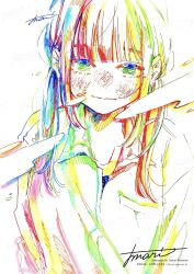  1girl :| arms_at_sides blue_hair blunt_bangs blush closed_mouth collared_shirt colorful green_eyes green_hair highres long_bangs long_hair long_sleeves looking_at_viewer open_collar original red_hair shirt sidelocks signature simple_background solo straight_hair upper_body watanabe_tomari watermark white_background white_shirt 