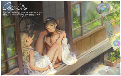 2girls alphonse_(white_datura) barefoot black_eyes black_hair blonde_hair blunt_bangs brown_eyes child_on_child commentary_request day doorway dress eating electric_fan english_text feet food frown hairband hand_on_another&#039;s_leg highres holding holding_food knees_up leg_up loli long_hair looking_at_viewer looking_back multiple_girls original planter popsicle sliding_doors wavy_hair white_dress white_hairband wind_chime yuri rating:Questionable score:215 user:danbooru