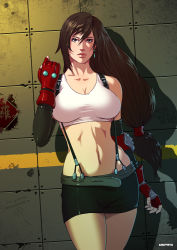 breasts brown_eyes brown_hair dmitrys earrings elbow_gloves final_fantasy final_fantasy_vii fingerless_gloves gloves graffiti jewelry large_breasts lips long_hair materia midriff miniskirt navel skirt solo suspenders tank_top taut_clothes taut_shirt tifa_lockhart rating:Sensitive score:64 user:=touhou!